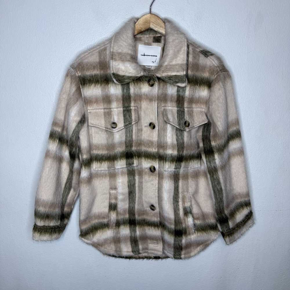 American Eagle Brushed Plaid Green Beige Shacket Pockets Womens XS